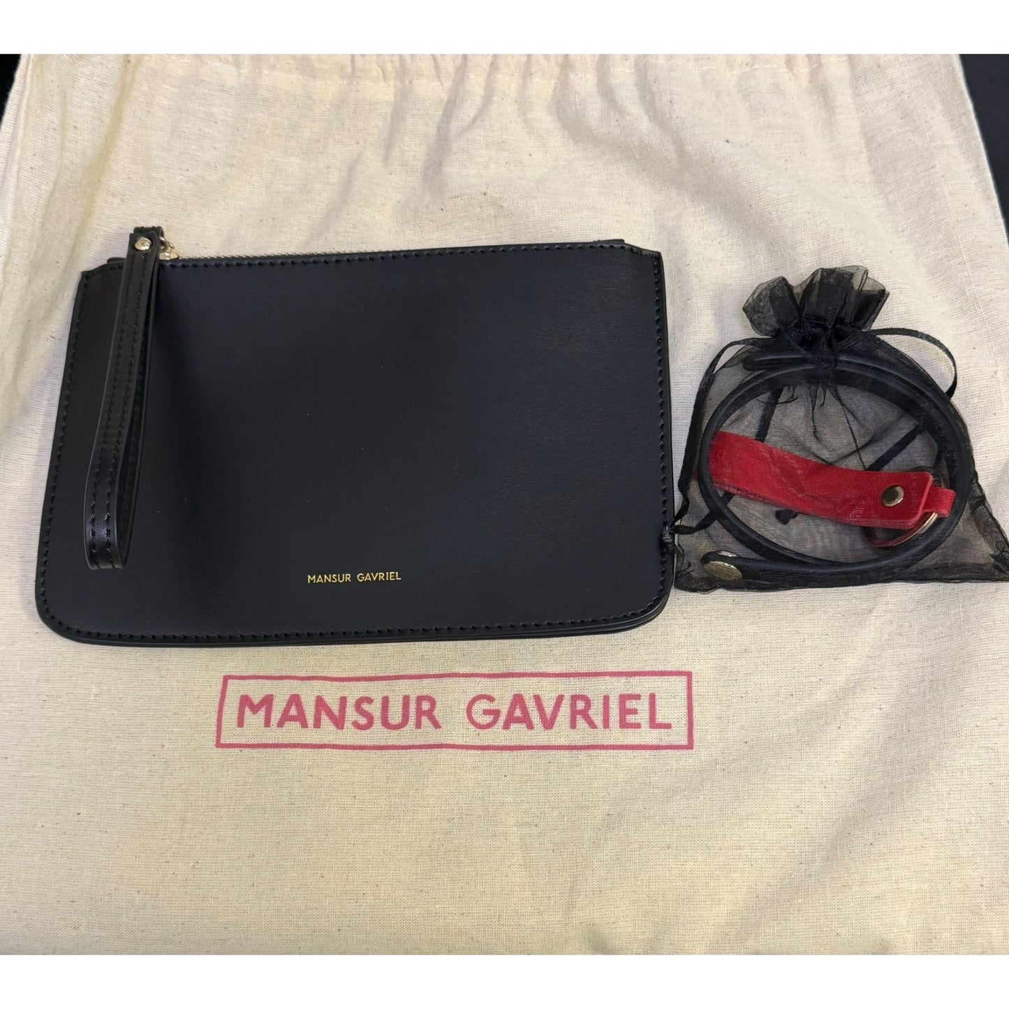 Mansur Gavriel Black Leather Bucket Bag With Red Interior Adjustable Shoulder Strap