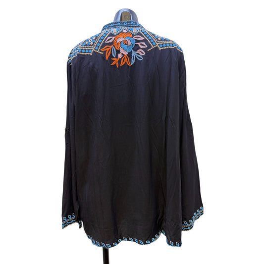 NWT Laura Klein Black Embroidered Tunic Top 3X Geometric & Floral Design Long Sleeve Boho