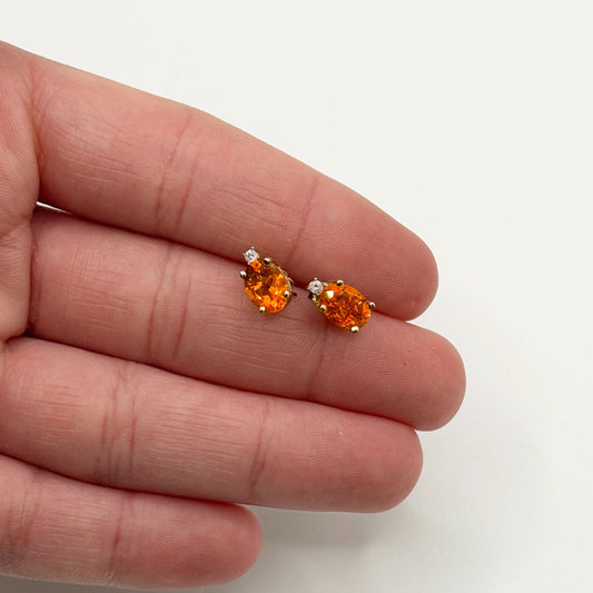 Natural Oval Fire Opal & Diamond Solid 14K Yellow Gold Stud Push Back Earrings