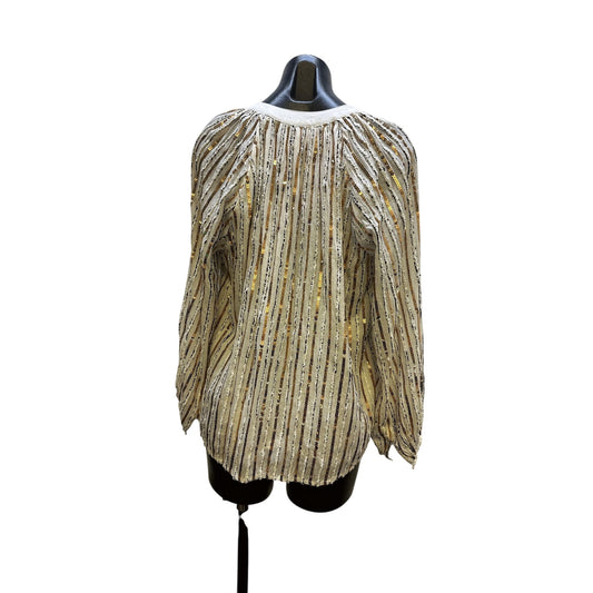 Jade by johnny Was Sequin-Striped Long-Sleeve Blouse w/Tassel Tie Neckline