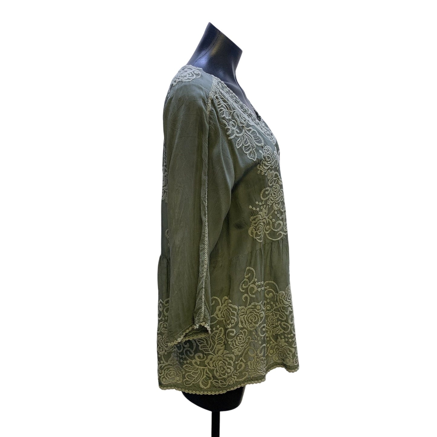 Johnny Was Boho Olive Green Embroidered Sheer Tunic Blouse Size M