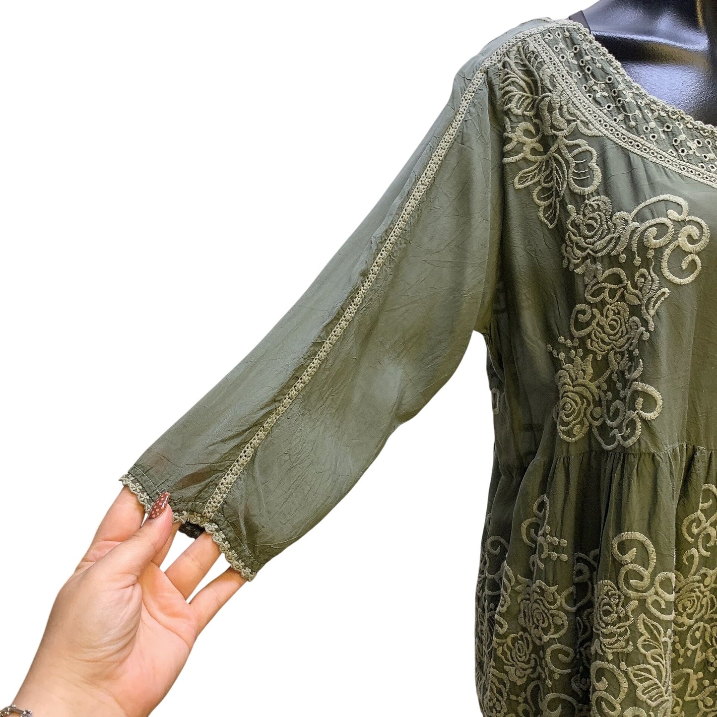 Johnny Was Boho Olive Green Embroidered Sheer Tunic Blouse Size M