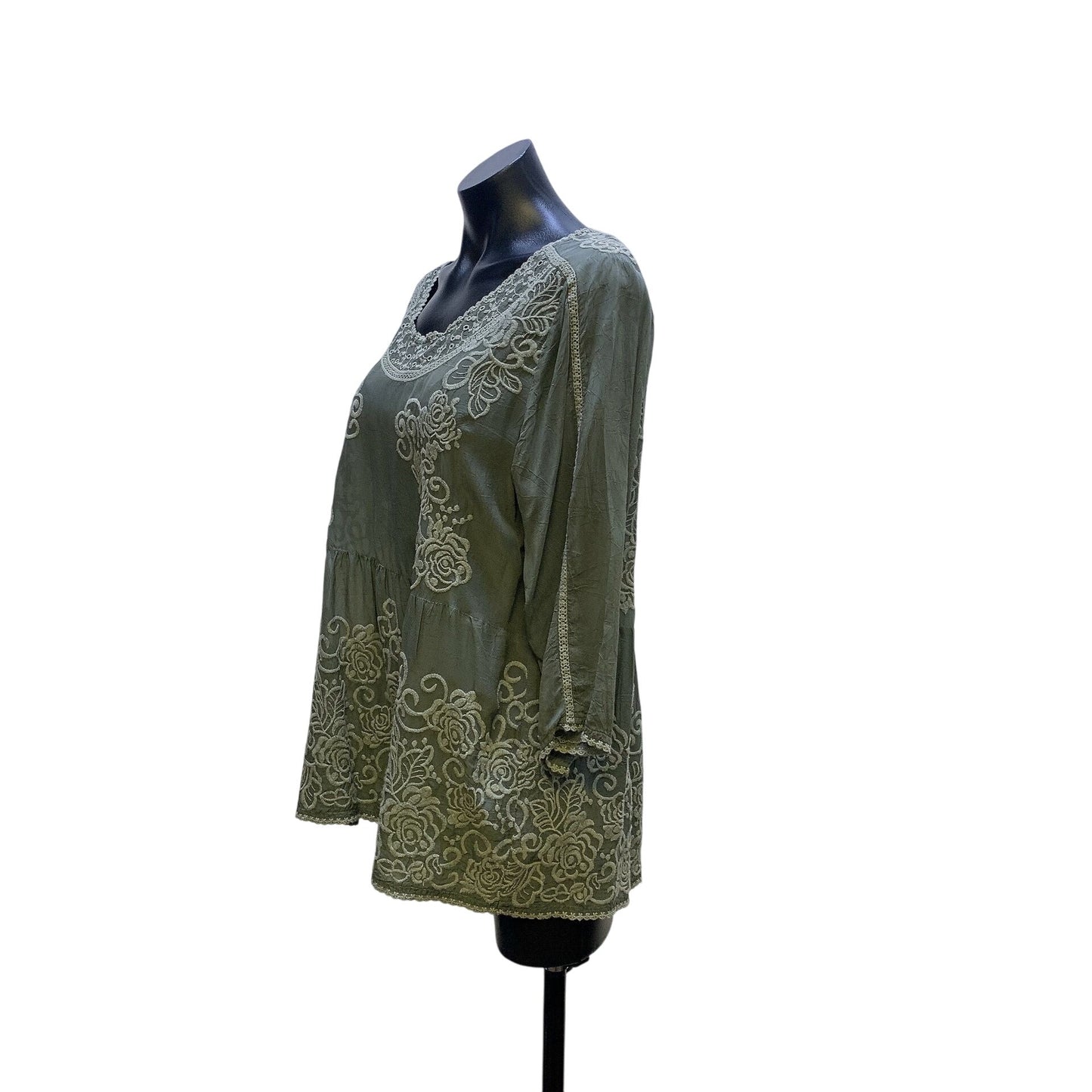 Johnny Was Boho Olive Green Embroidered Sheer Tunic Blouse Size M