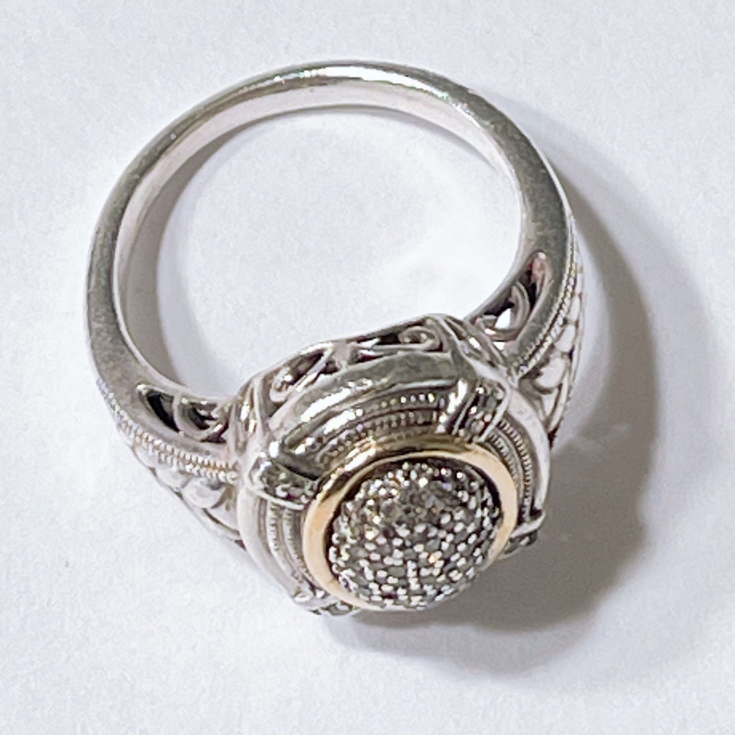 Vintage-Style Sterling Silver Gold-Tone Filigree Round Pave Set Cubic Zirconia Ring Size 7.75