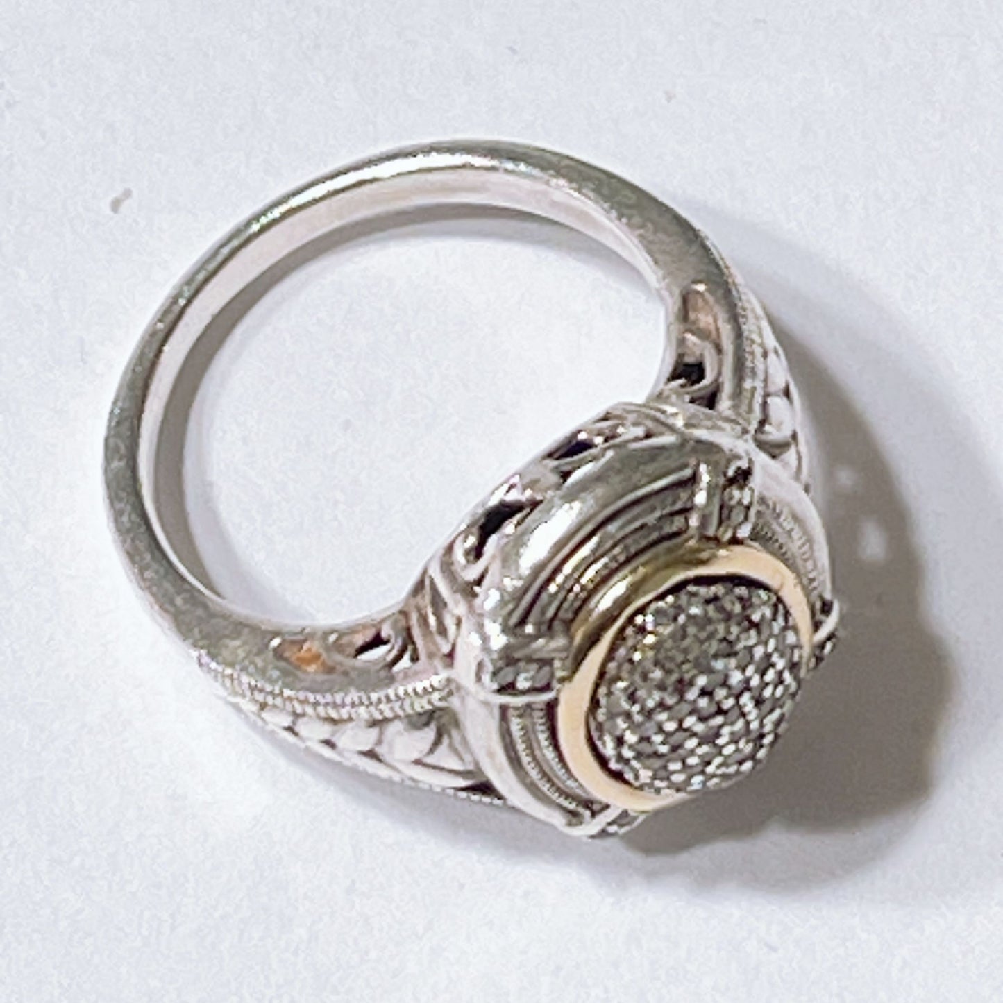 Vintage-Style Sterling Silver Gold-Tone Filigree Round Pave Set Cubic Zirconia Ring Size 7.75