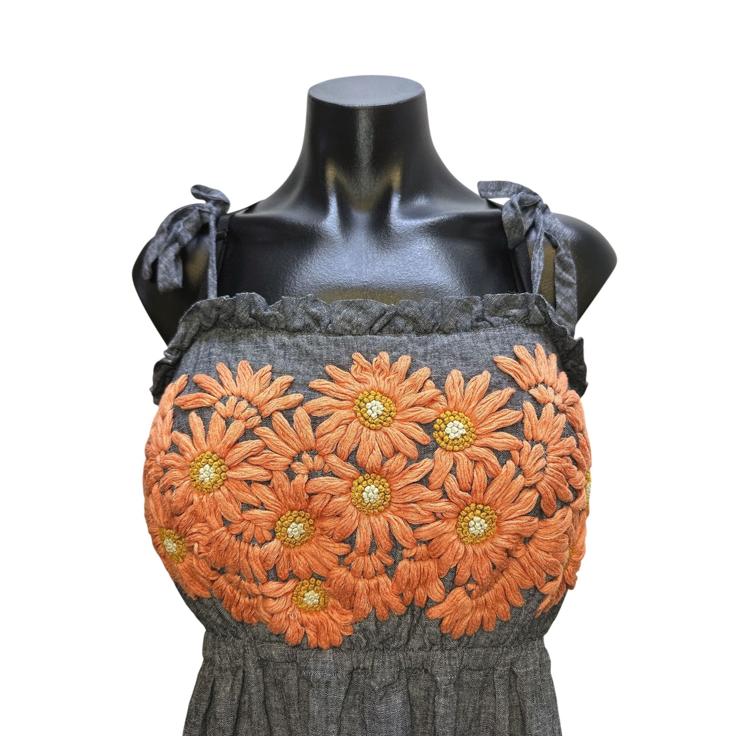 Innika Choo Blue Maxi Dress w/Orange Floral Embroidery & Tie Straps OS