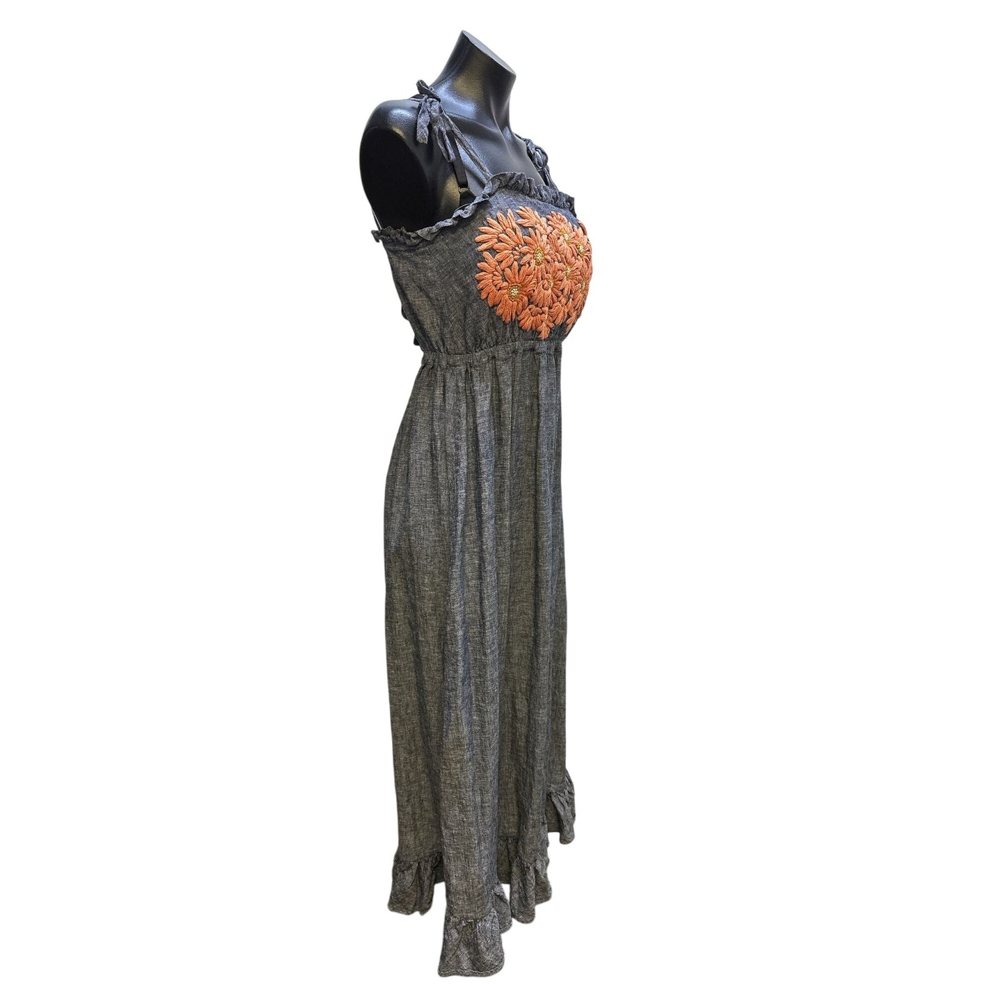Innika Choo Blue Maxi Dress w/Orange Floral Embroidery & Tie Straps OS