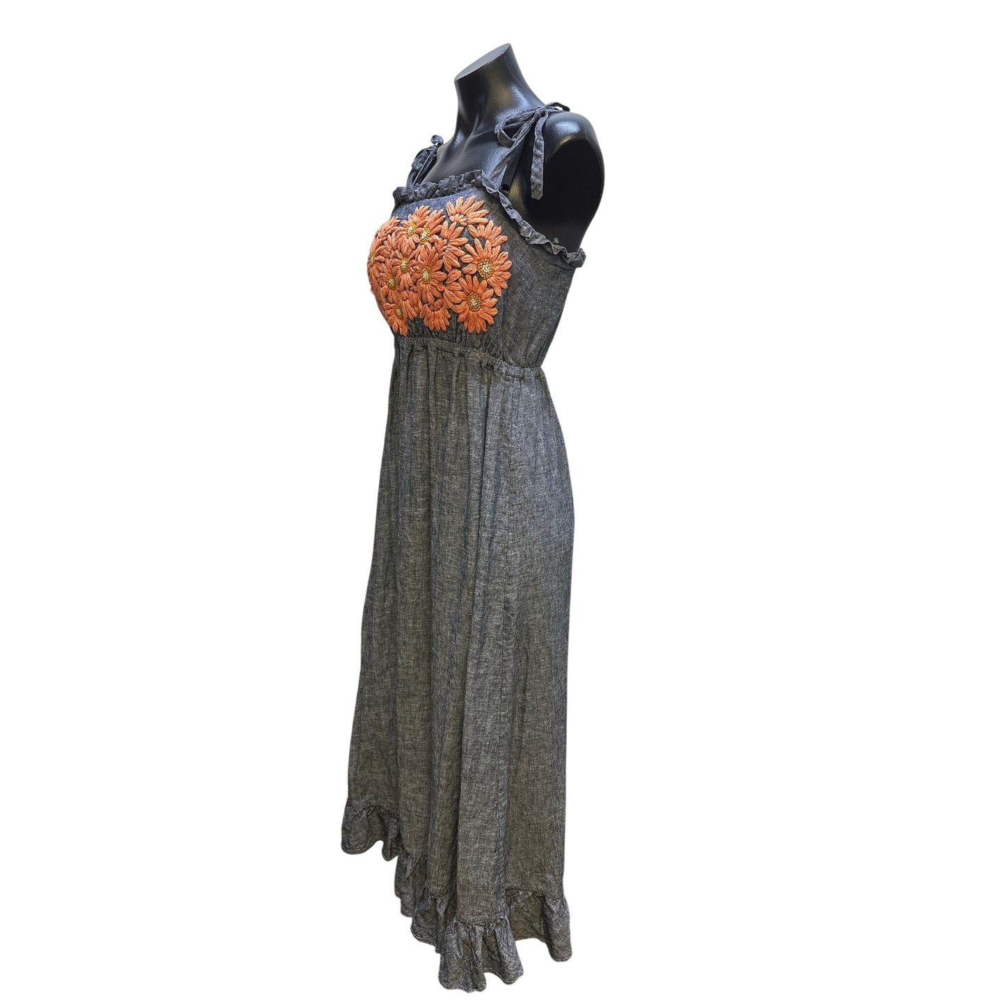 Innika Choo Blue Maxi Dress w/Orange Floral Embroidery & Tie Straps OS