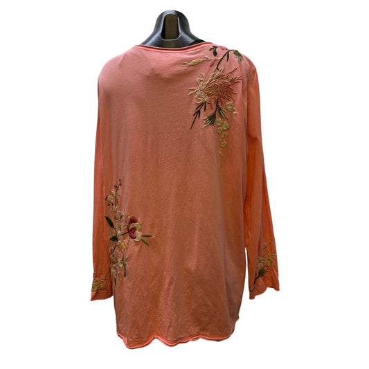 Johnny Was Orange Embroidered Cotton Long Sleeve Blouse V-Neck Size L