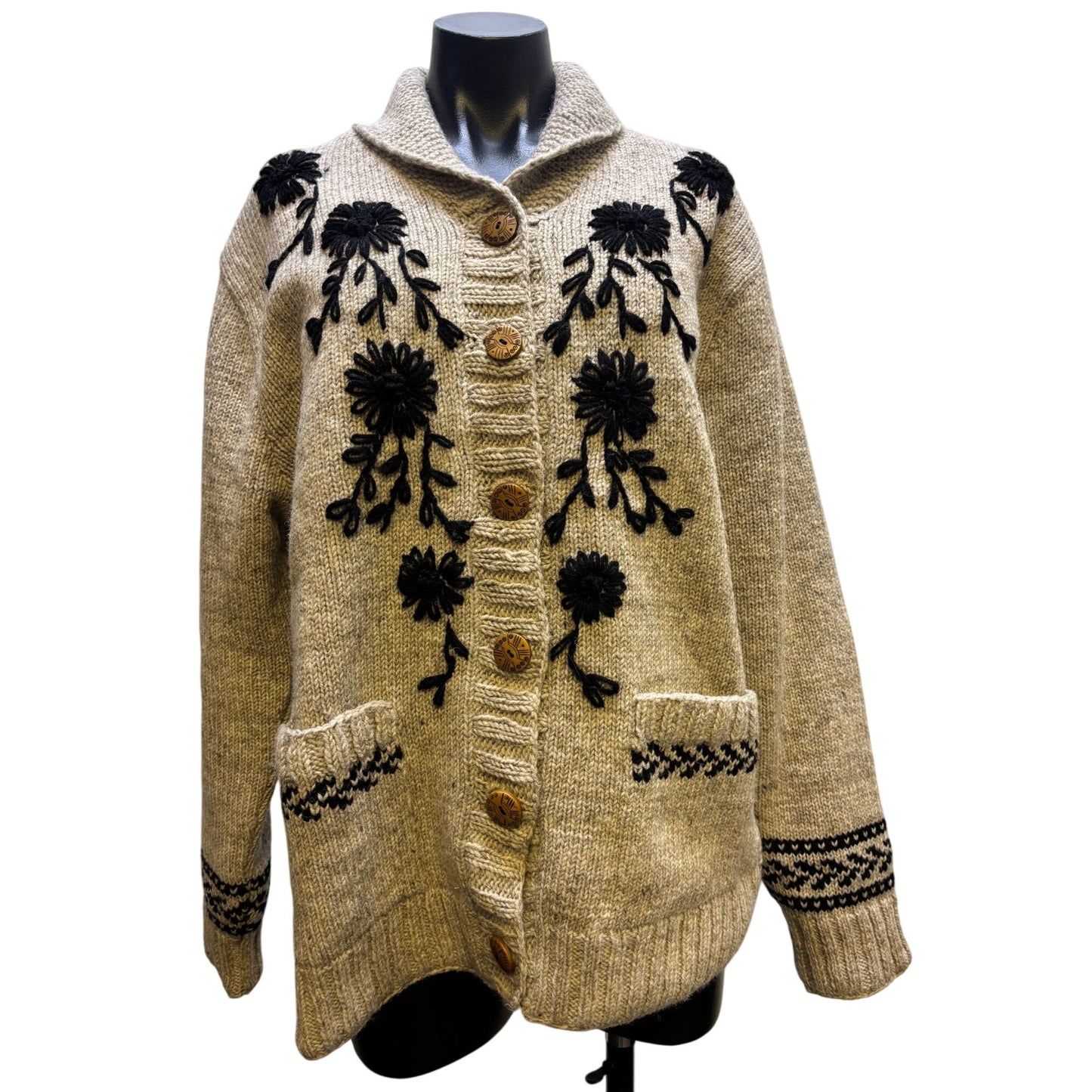 Artisan Handcrafted Wheat Wool Cardigan With Floral Embroidery L