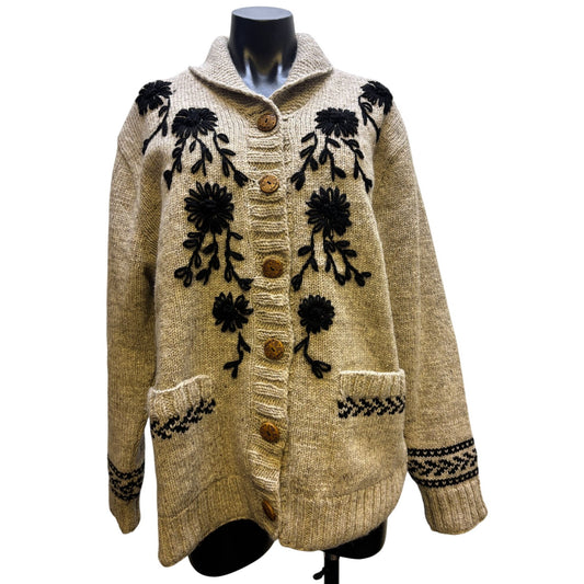 Artisan Handcrafted Wheat Wool Cardigan With Floral Embroidery L