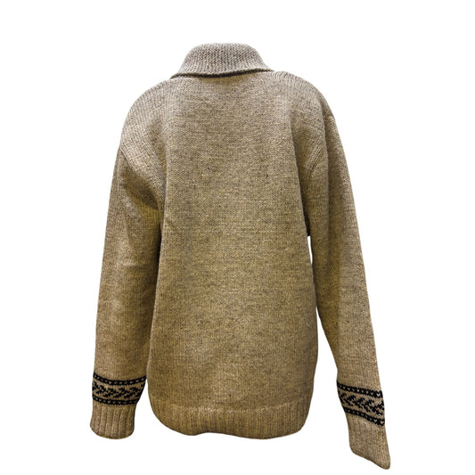 Artisan Handcrafted Wheat Wool Cardigan With Floral Embroidery L