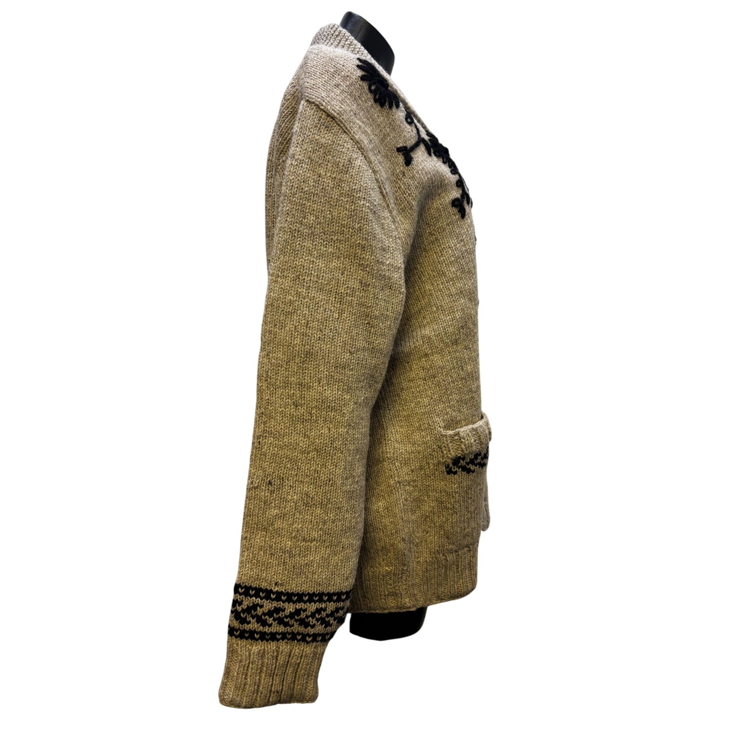 Artisan Handcrafted Wheat Wool Cardigan With Floral Embroidery L