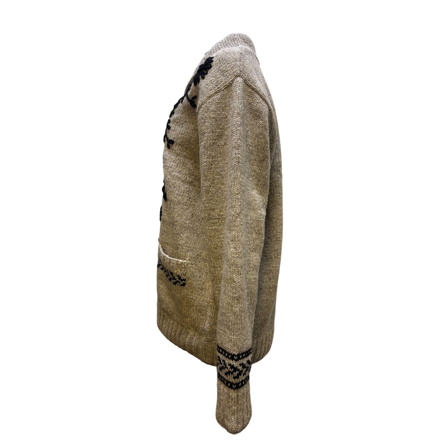 Artisan Handcrafted Wheat Wool Cardigan With Floral Embroidery L