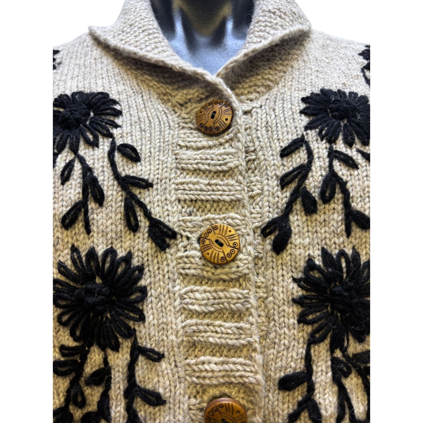 Artisan Handcrafted Wheat Wool Cardigan With Floral Embroidery L