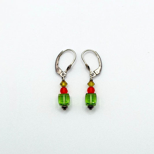 925 Sterling Silver Leverback Earrings With Green Red & Yellow Crystal Beads
