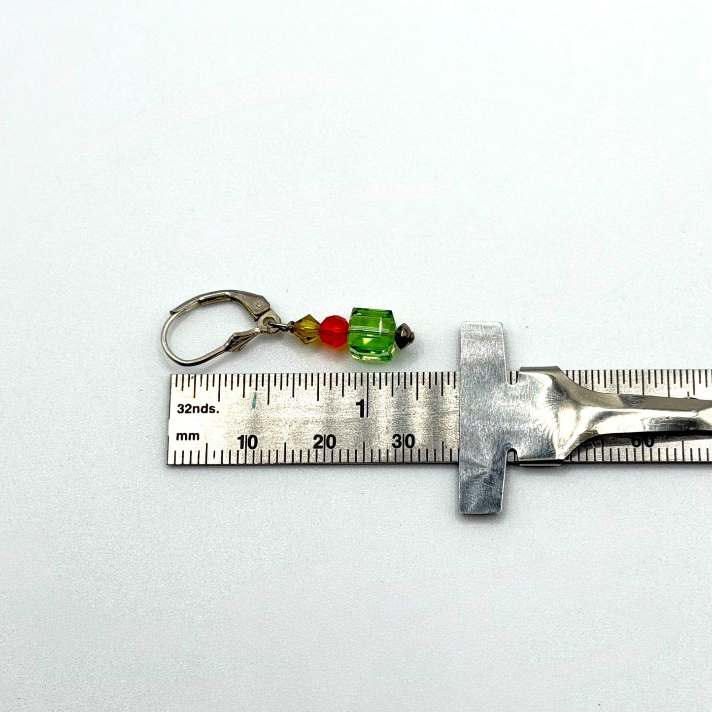 925 Sterling Silver Leverback Earrings With Green Red & Yellow Crystal Beads
