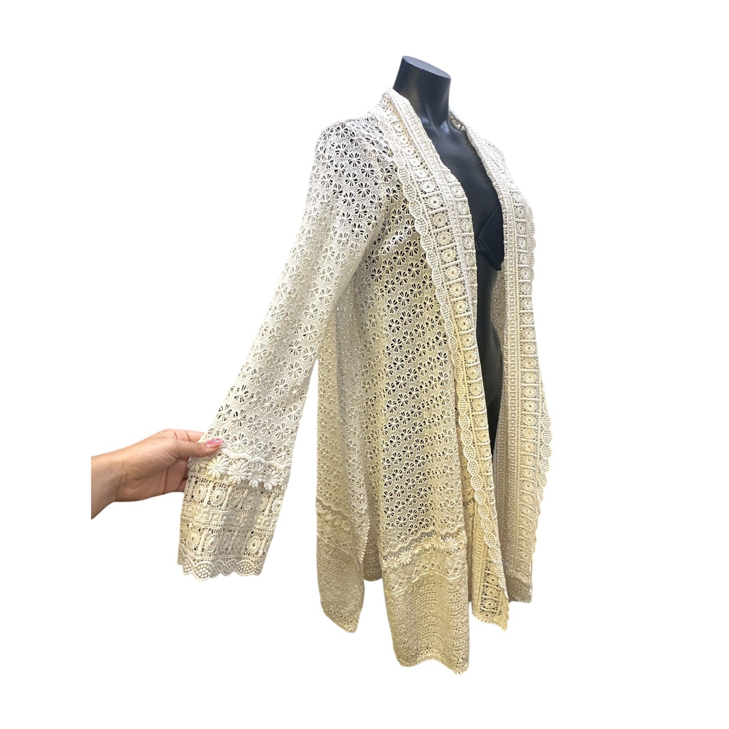 NWT Johnny Was Open Front Cream Eyelet Cardigan w/Lace & Floral Details