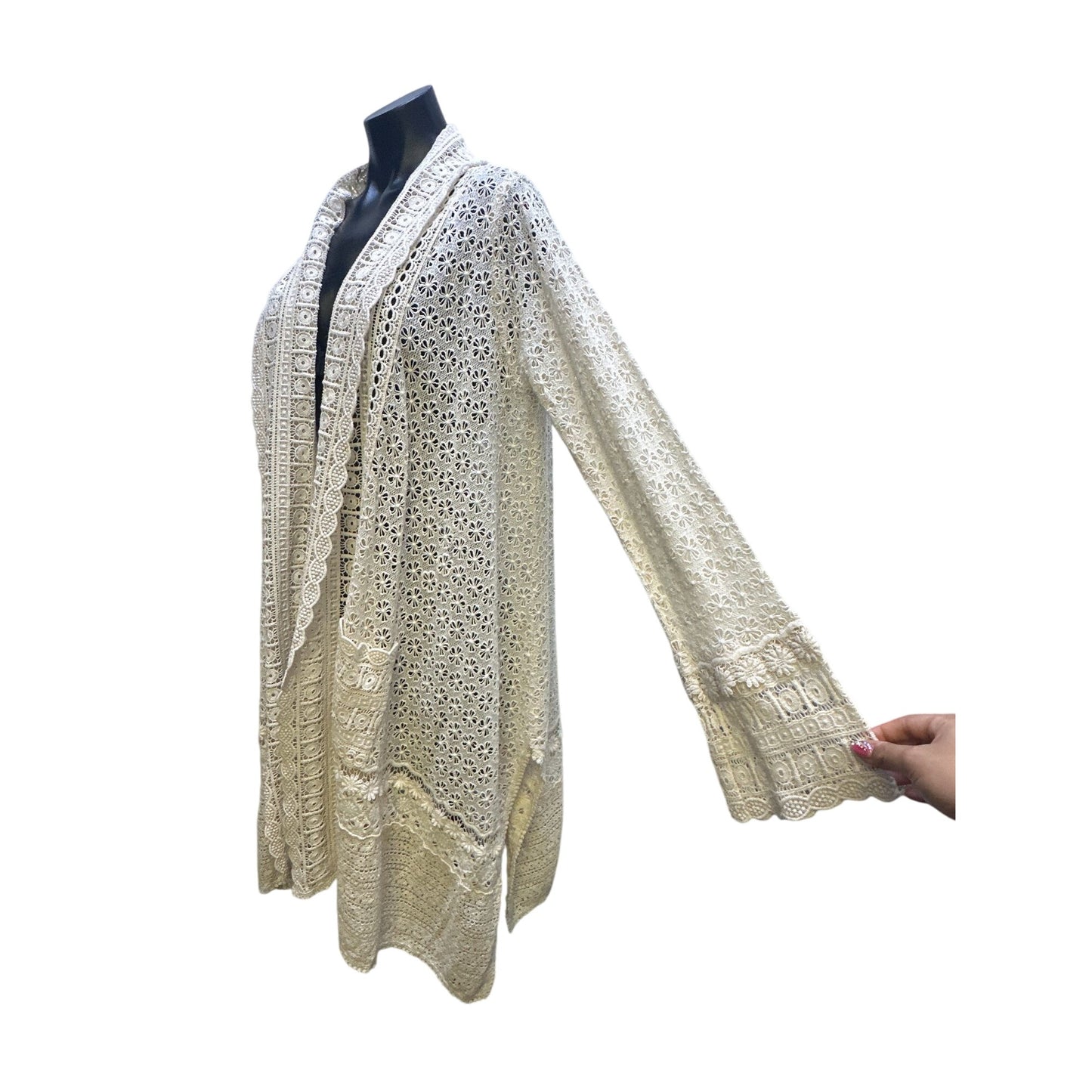 NWT Johnny Was Open Front Cream Eyelet Cardigan w/Lace & Floral Details