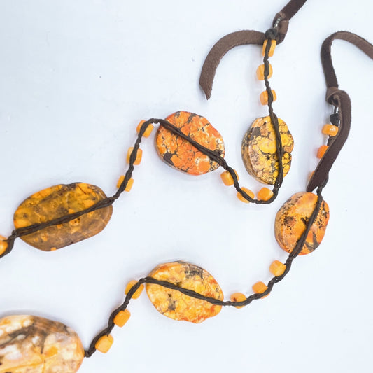 Adjustable Brown Suede Necklace With Precious Stones & Beads Orange Brown