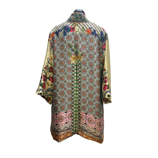 Johnny Was Silk Colorful Floral Open Front Cardigan w/Wide Sleeves Size M