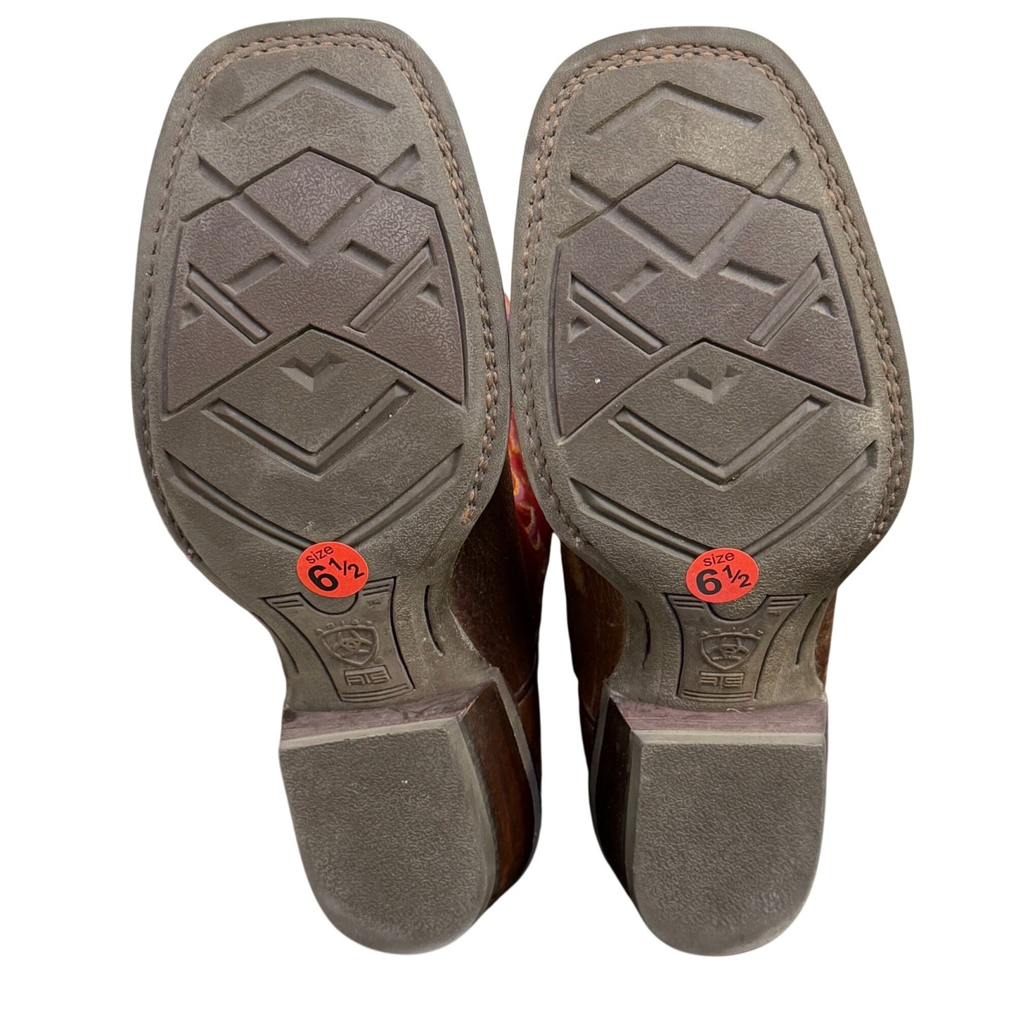 Ariat Western Cowboy Boots Red & Brown Leather Embroidered Square Toe Size 6.5