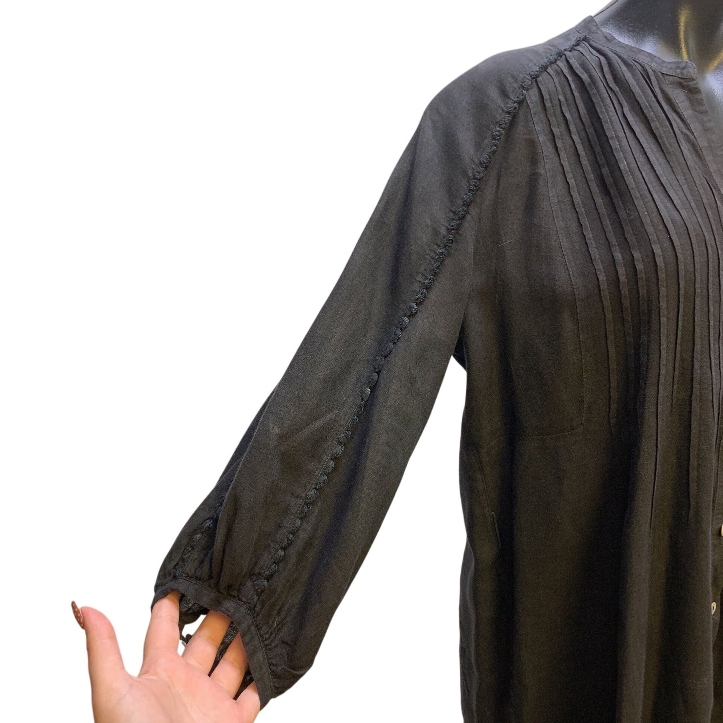 120% Lino Black Linen Tunic Blouse w/Pintuck Design Size M