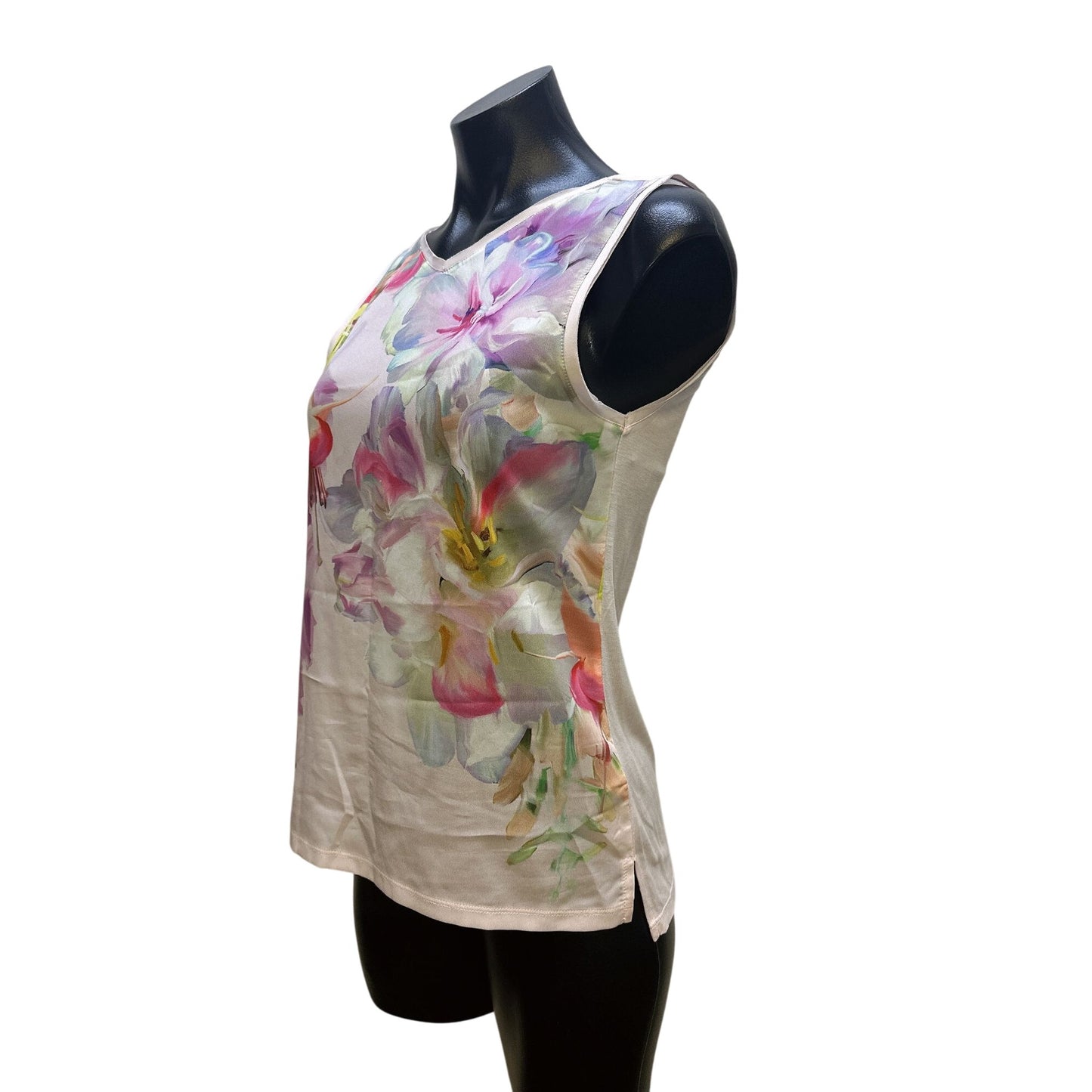Ted Baker Floral Sleeveless V-Neck Blouse w/Sheer Back Panel Size 1/M