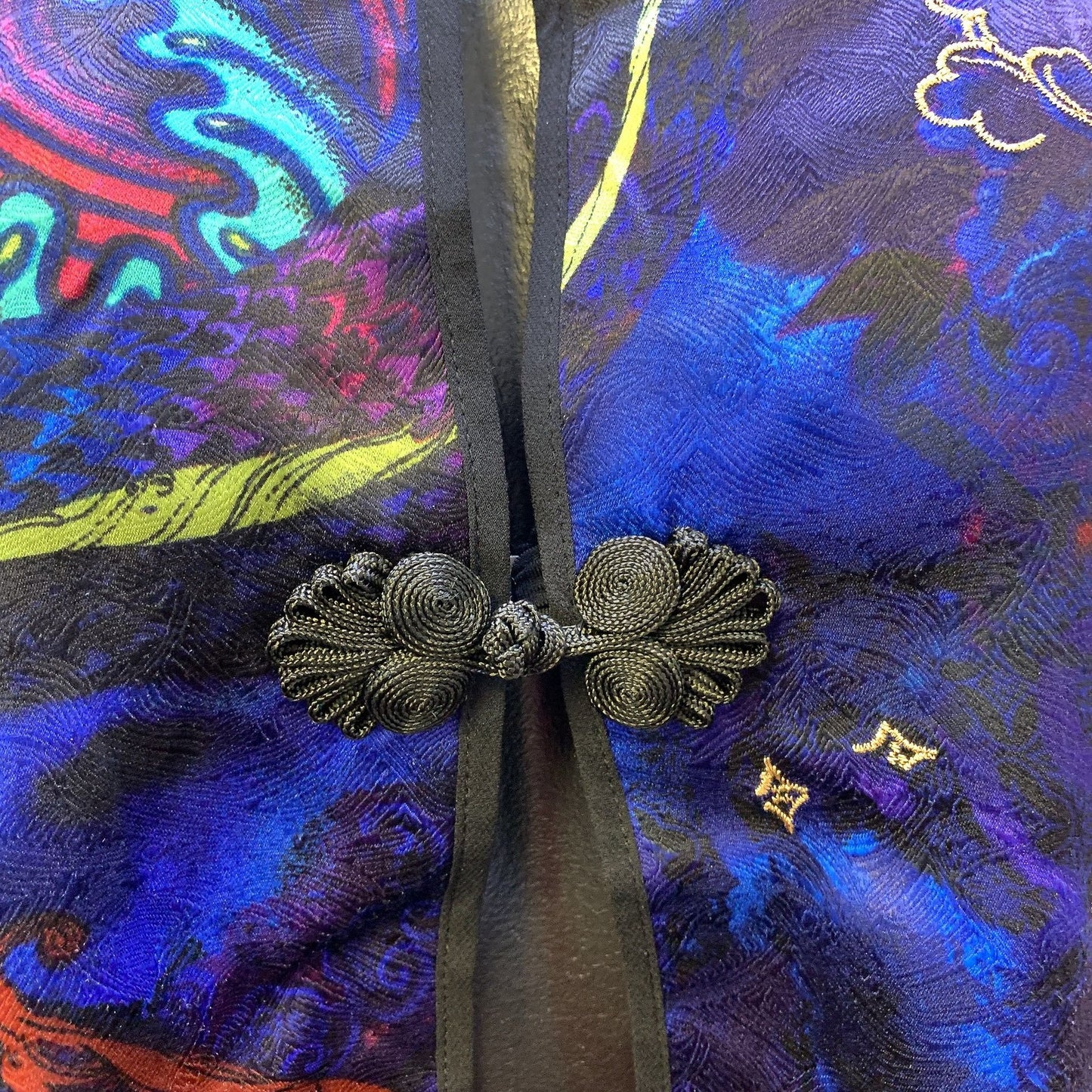 Chicos Silk Cobalt Blue w/Multicolored Print Oriental Jacket With Embroidered Details - Size 1