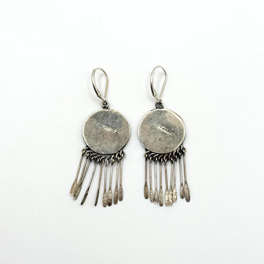 Vintage Mexico Abalone Shell Dangle Earrings With Sterling Silver Fringe Design