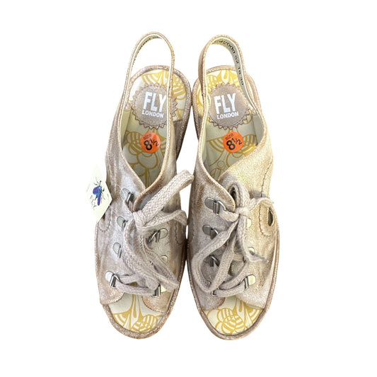 NWT Fly London Gold Metallic Slingback Wedge Shoes Size 8.5