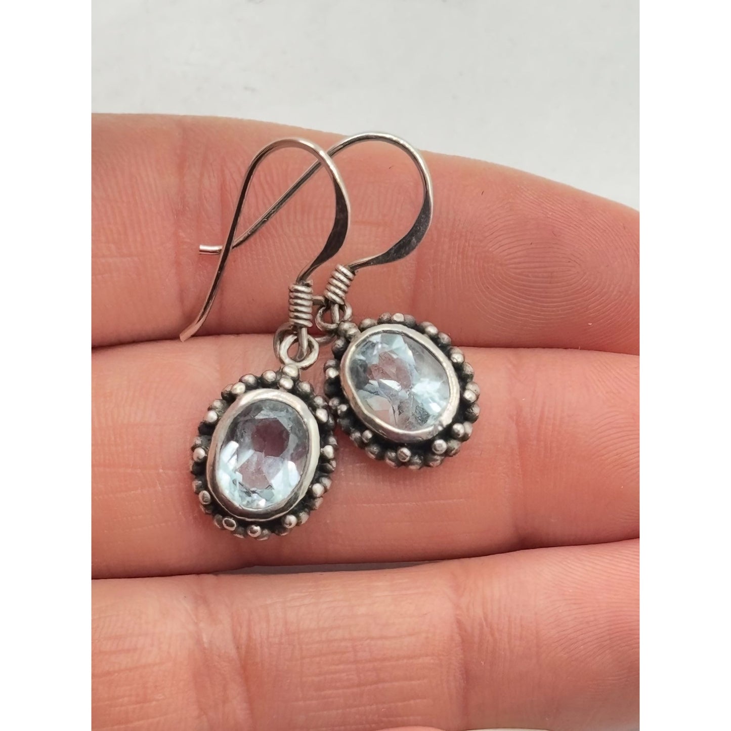 Aquamarine & Sterling Silver 925 Dangle Earrings Oval Shape Hook Backing