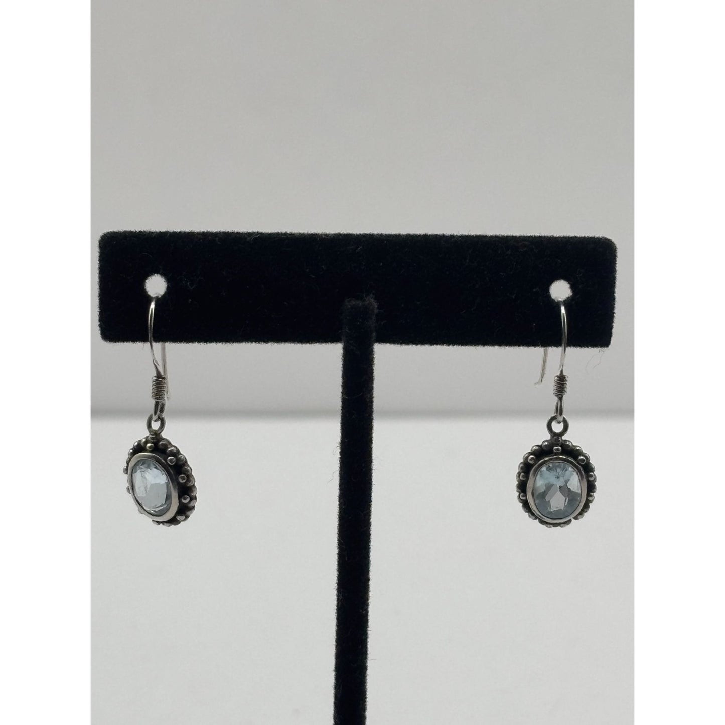 Aquamarine & Sterling Silver 925 Dangle Earrings Oval Shape Hook Backing