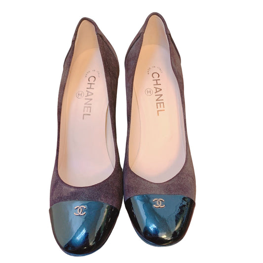 Chanel Brown Suede Black Cap Toe Pumps 7.5/38.5
