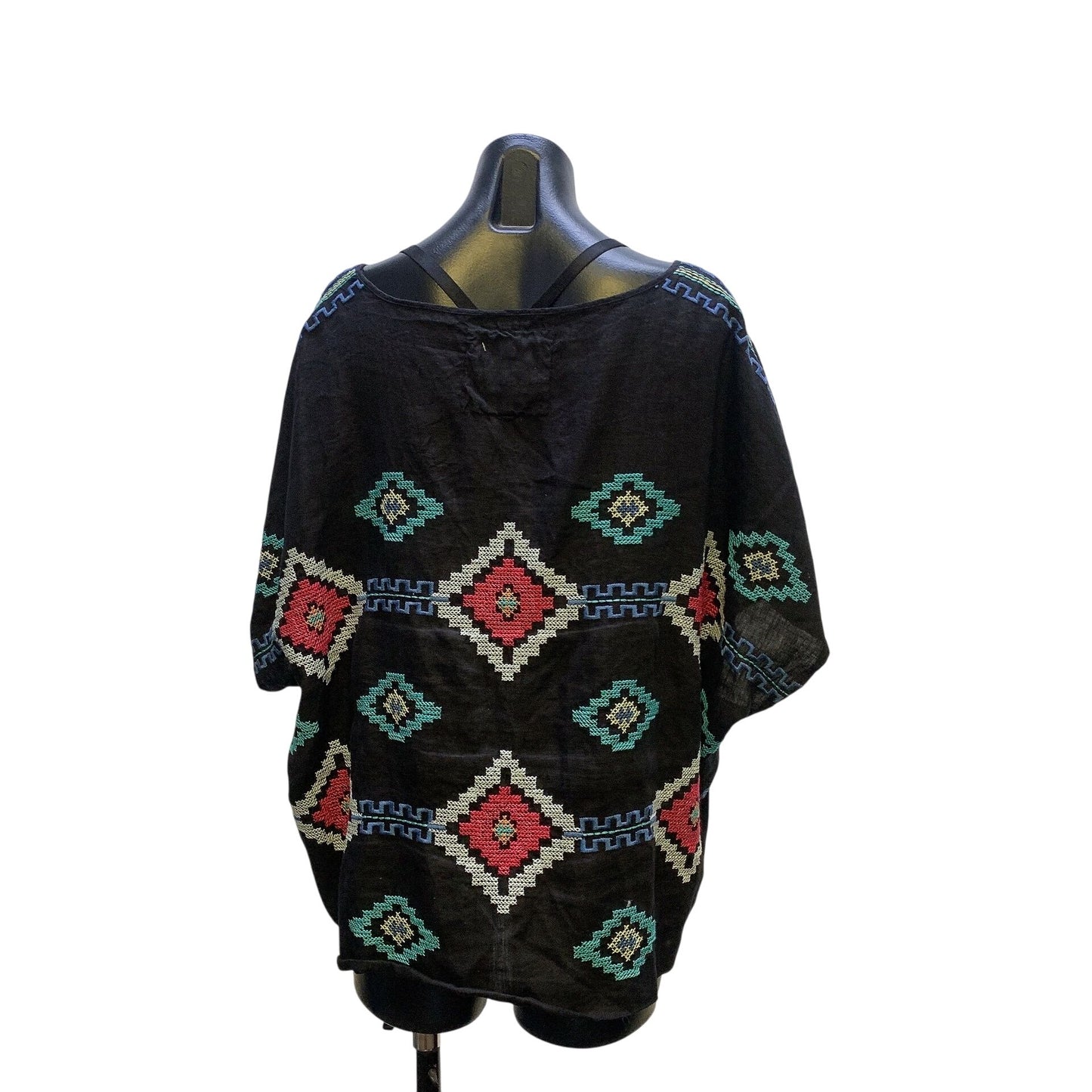 JW Los Angeles Boho Black Linen Blouse w/Colorful Geometric Embroidery Size L