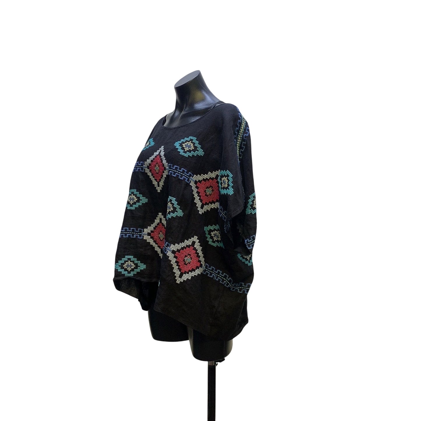 JW Los Angeles Boho Black Linen Blouse w/Colorful Geometric Embroidery Size L