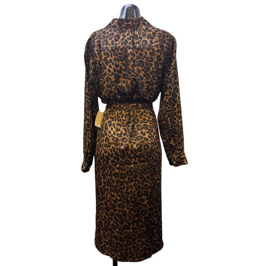 NWT Talbots Animal Print Brown Dress With Belt Button Down Leopard Midi Long Sleeve 14 Petite
