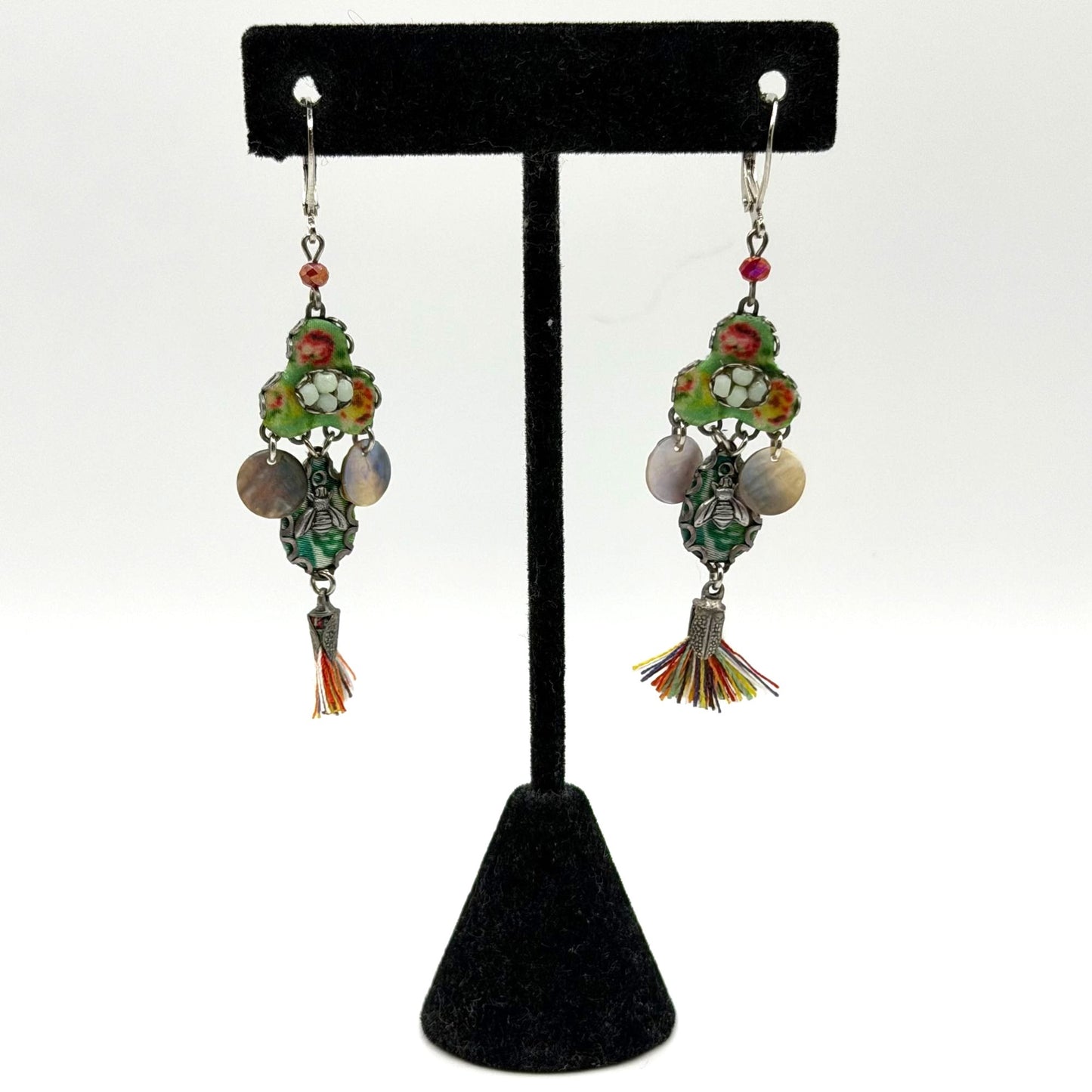 Ayla Bar Multicolor Floral Tassel Dangle Silver-Tone Earrings