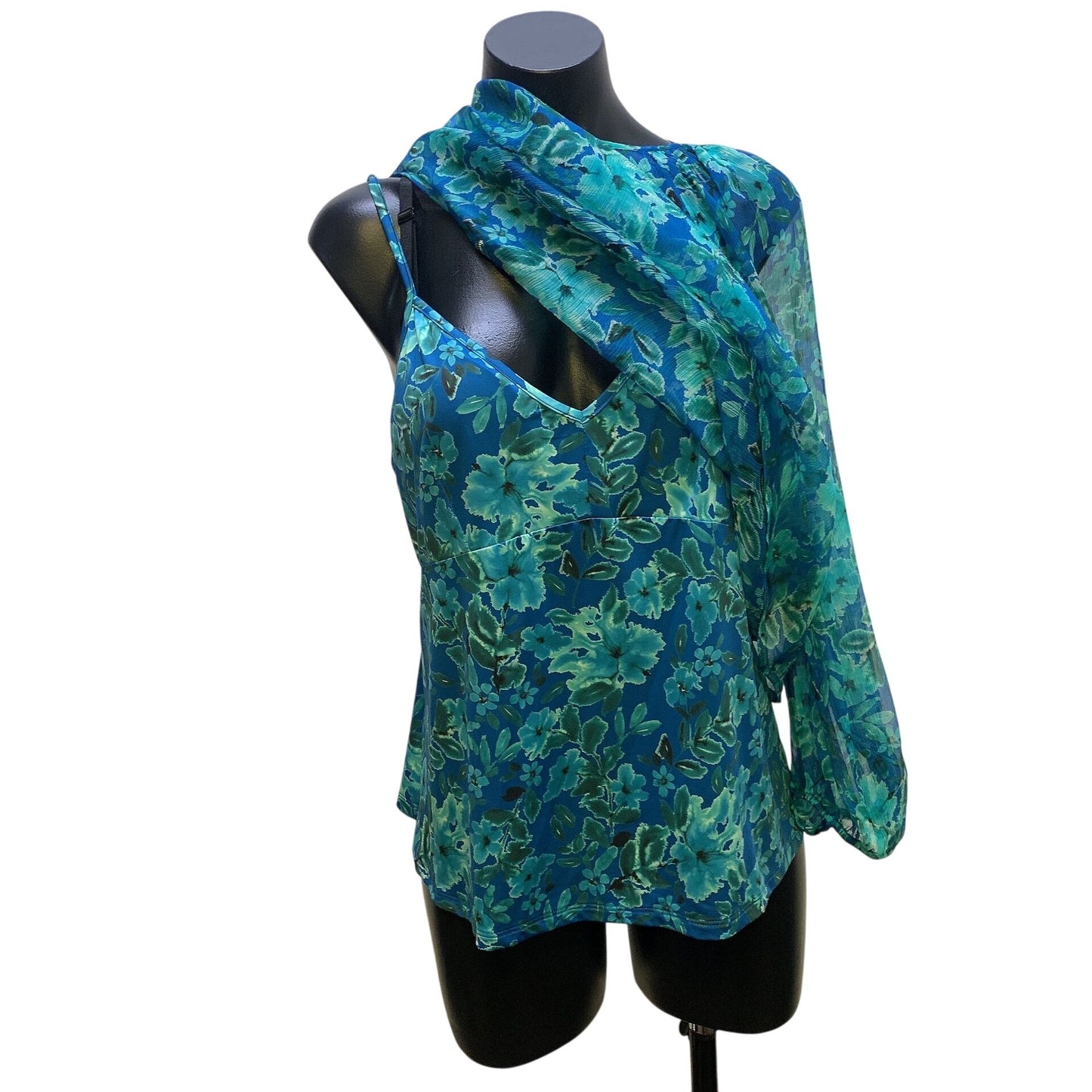 NWT Johnny Was Sheer Floral Blouse & Sleeveless Tank Top Set Teal & Green M