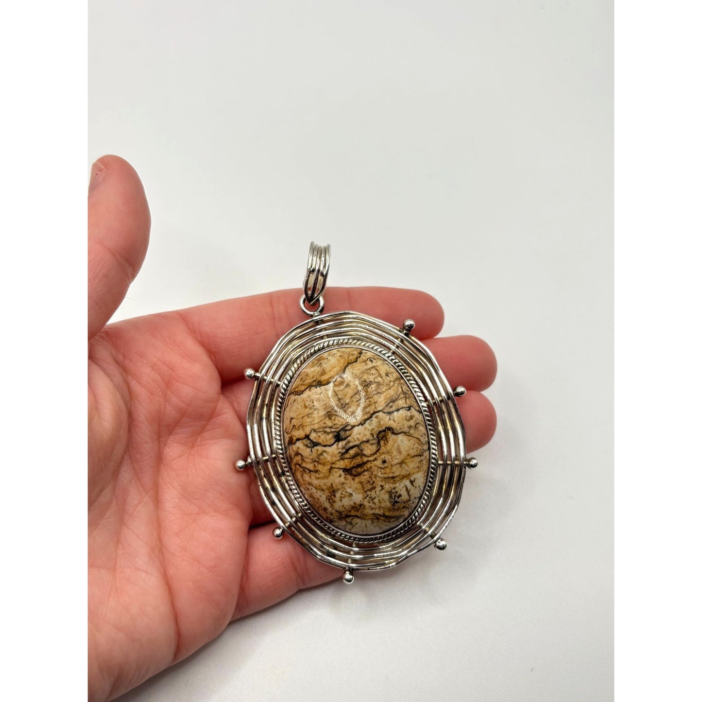 Vintage BA Indonesia 925 Woven Sterling Silver Jasper Stone Oval Statement Pendant