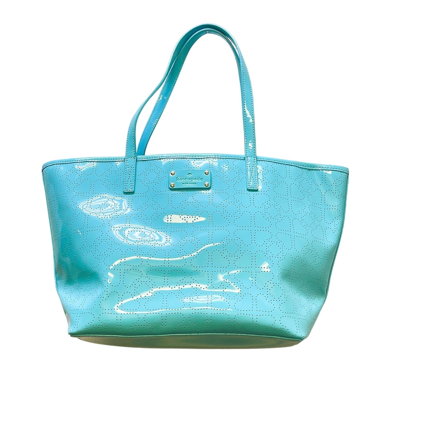 Kate Spade New York Perforated Patent Leather Tote Bag Aqua Blue L