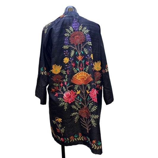 NWT Black Floral Embroidered Open Front Long Cardigan L