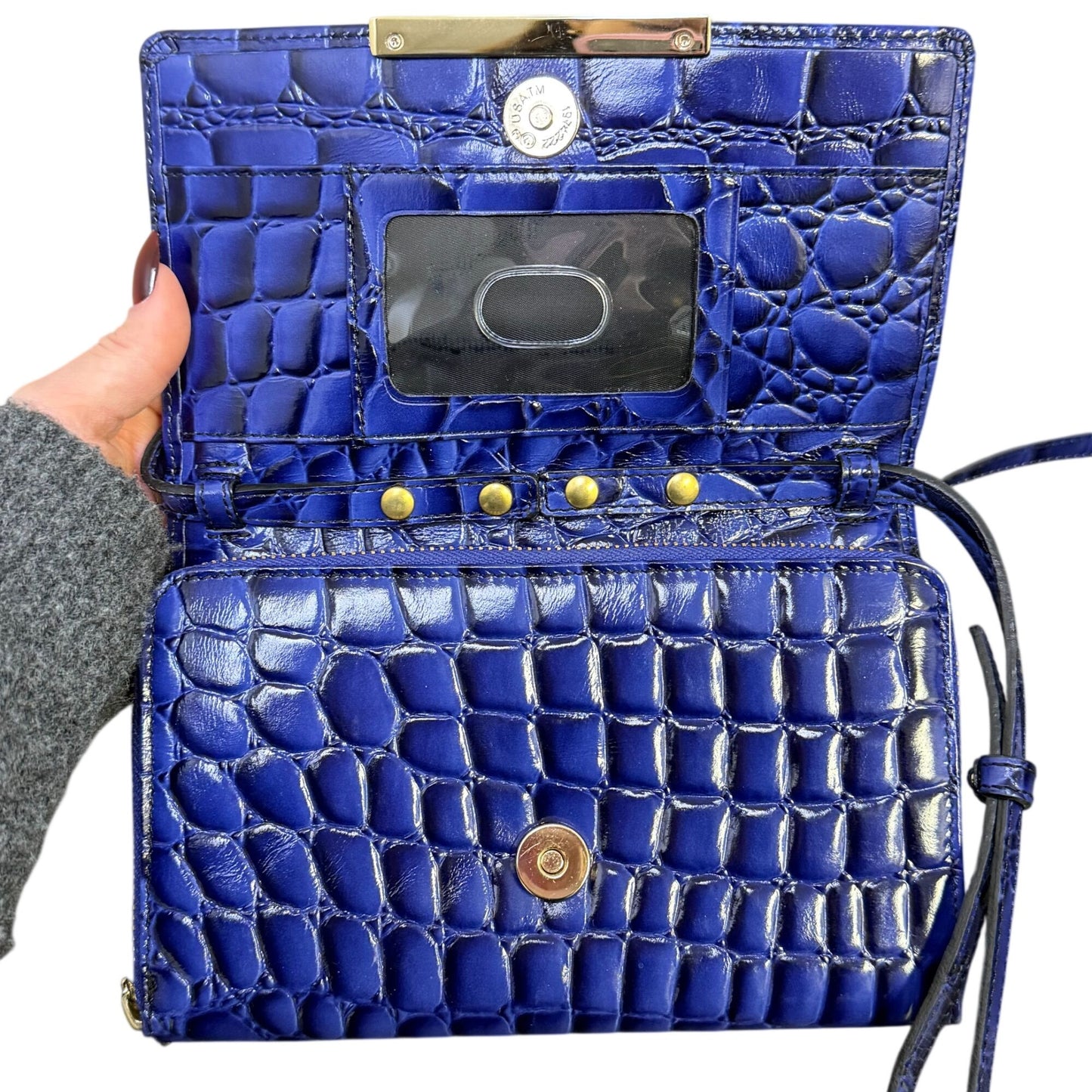 Brahmin Croc-Embossed Blue Leather Crossbody Wallet