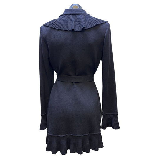 St. John Collection Black Ruffle Trim Knit Cardigan Sweater With Belt S