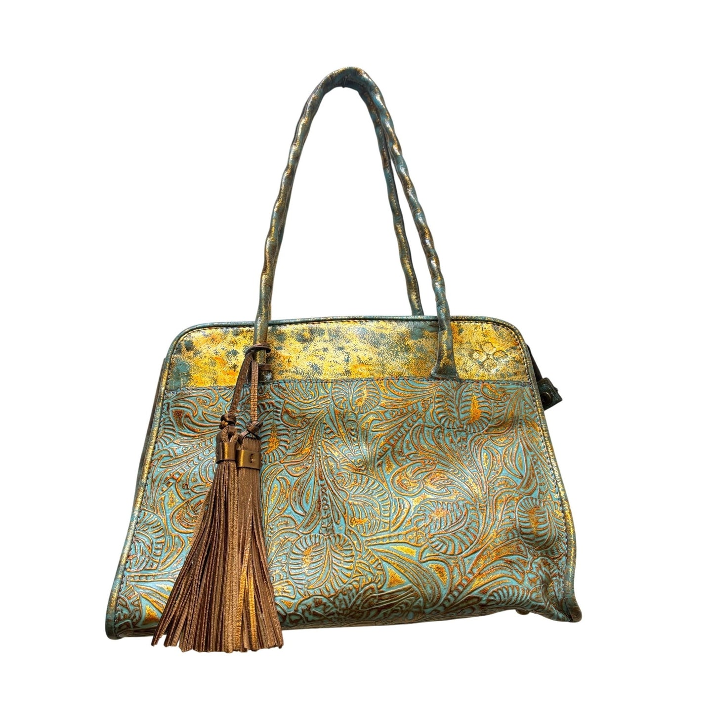 Patricia Nash Embossed Leather Satchel Bag With Tassel Turquoise & Gold Boho