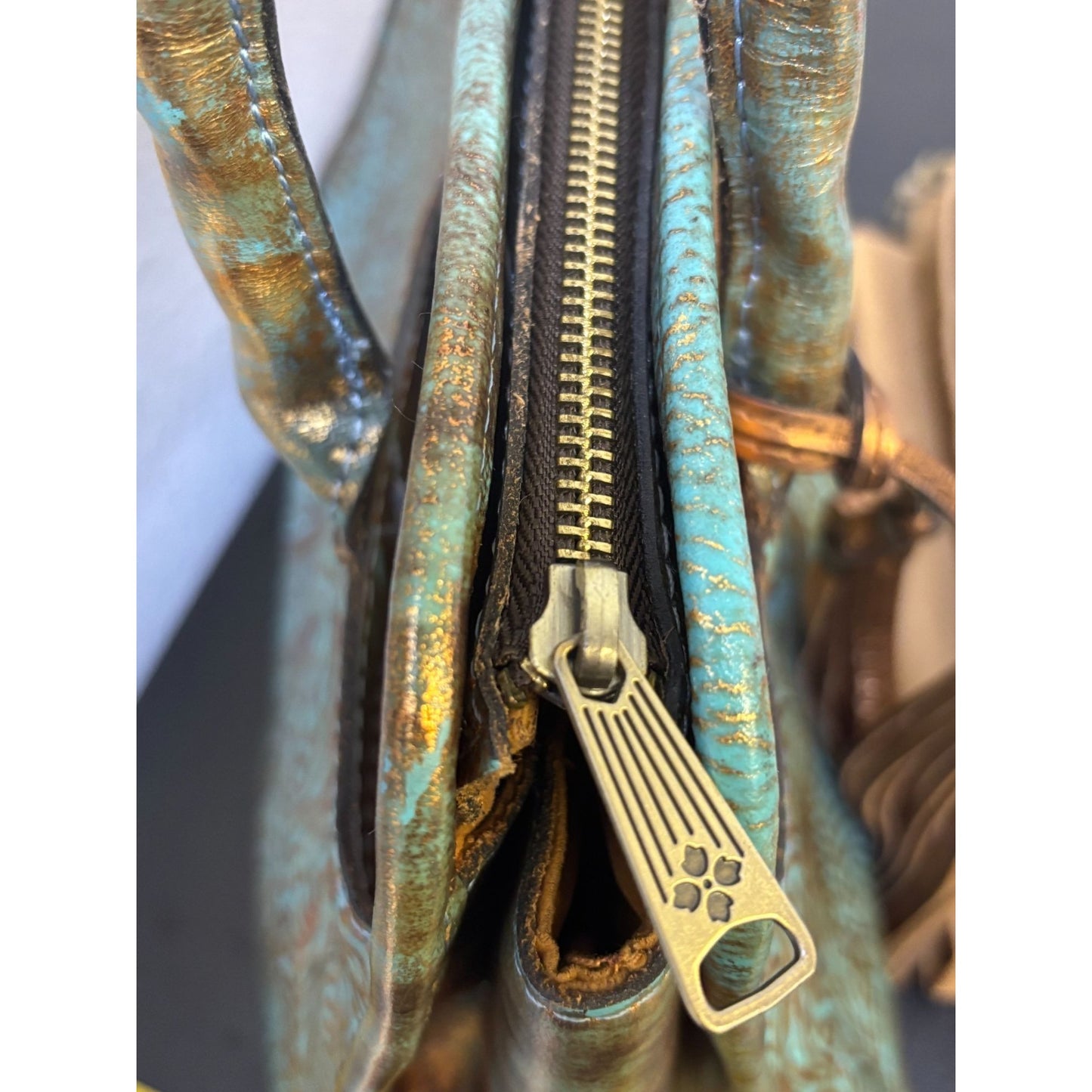 Patricia Nash Embossed Leather Satchel Bag With Tassel Turquoise & Gold Boho