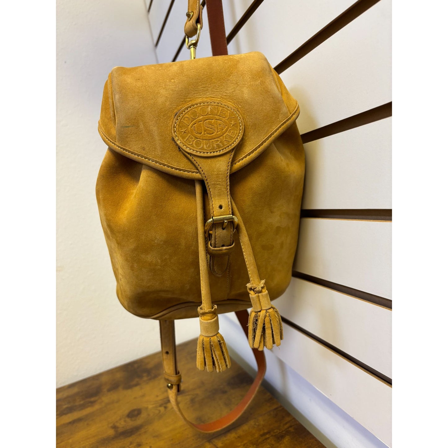 Dooney & Bourke Vintage Tan Suede Leather Backpack Buckle Closure & Adjustable Straps