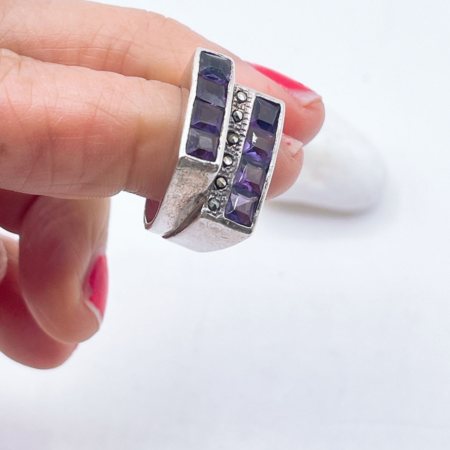 Vintage 925 Sterling Silver Amethyst & Marcasite Statement Ring Size 6.5