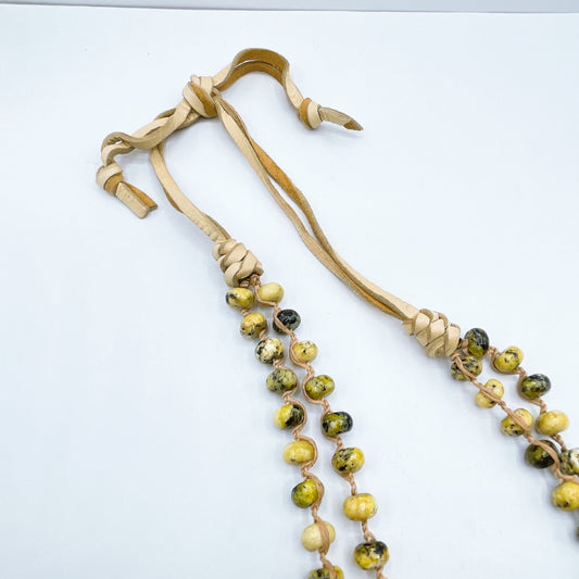 Vintage Handcrafted Beaded Necklace Yellow Green Ceramic Beads Leather Cord Adjustable Boho