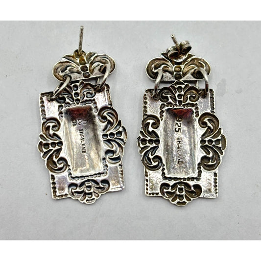 Antique Style 925 Silver Dangle Earrings Ornate Rectangular Design